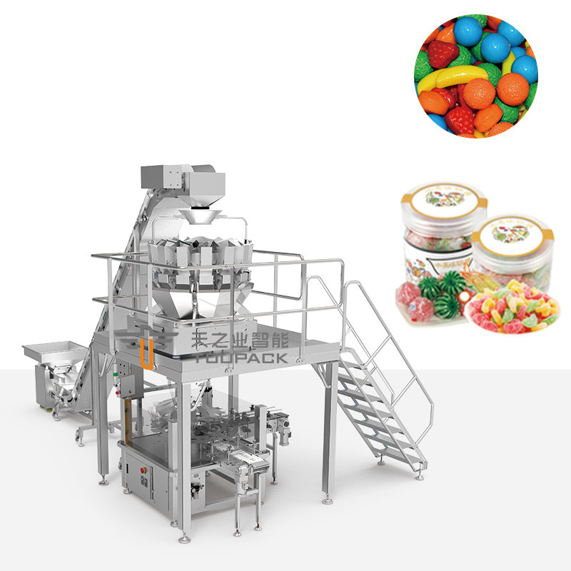 Automatic Packaging Hard Candy Gummy Sugar Round Bottle Plastic Jar Filling Capping And Packing Machine