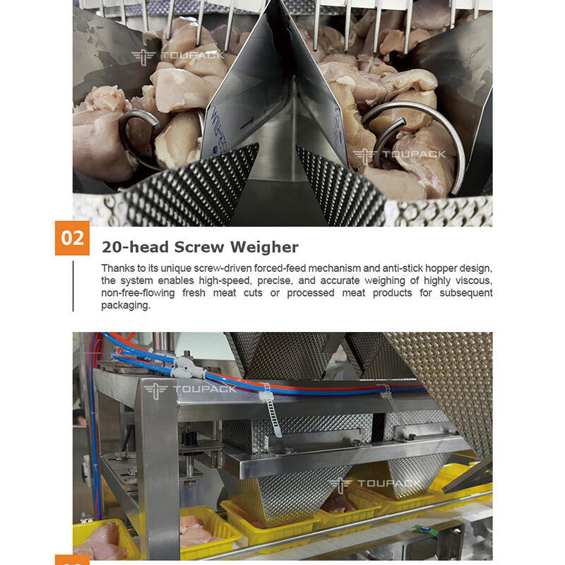 All-in-One Automated Tray Denesting & Filling Line with High-Precision Screw Multihead Weigher for Sticky Meat