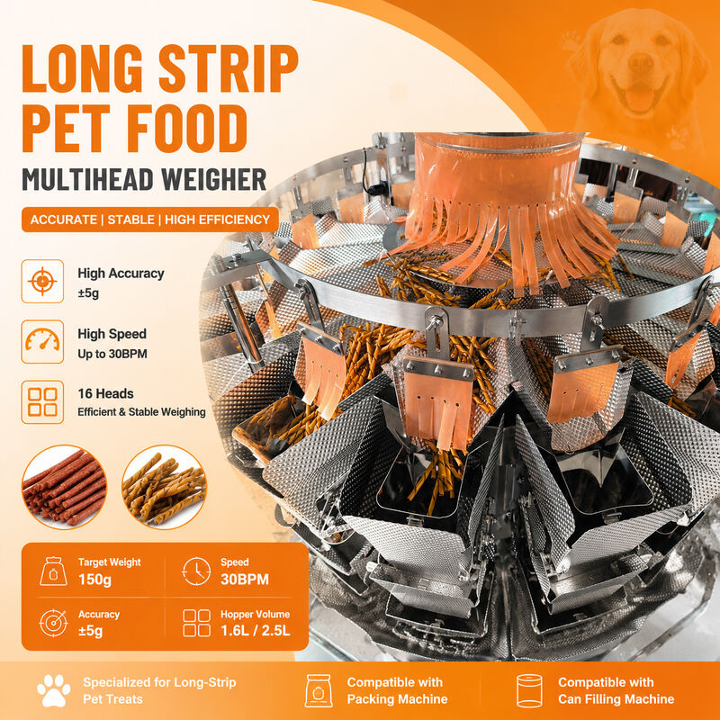 Dog Food Packaging Machine | Specialized Multihead Weigher for Long Strip Jerky & Chew Sticks Anti-Clogging